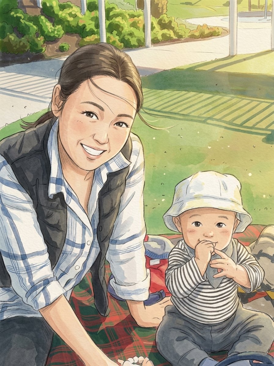 Illustrated portrait of Emi smiling on a picnic blanket in the park with her baby